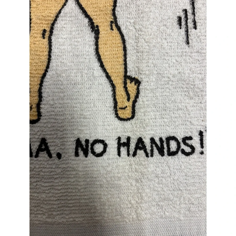 Vintage Look Ma No Hands Funny Weightlifter Hand Towel Novelty White Fringe
